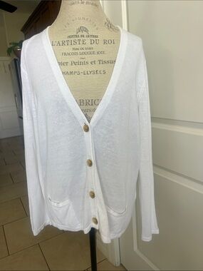 EUC J Ill white linen cotton blend V-neck cardigan sweater size XL